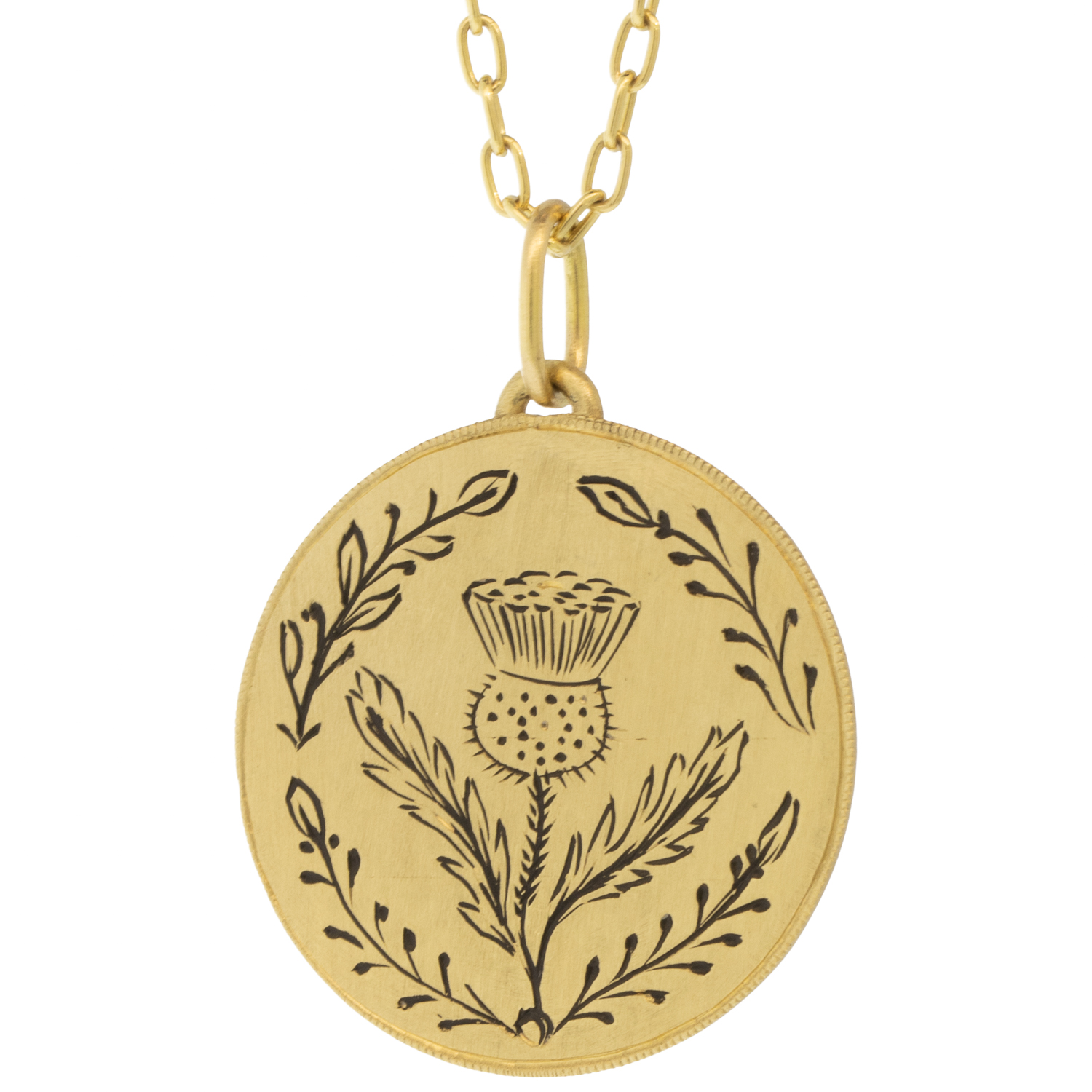 Erica Molinari Trunk show:18K / HAND engraved large Thistle disc "We acquire the strength we have overcome" Ralph Waldo Emerson