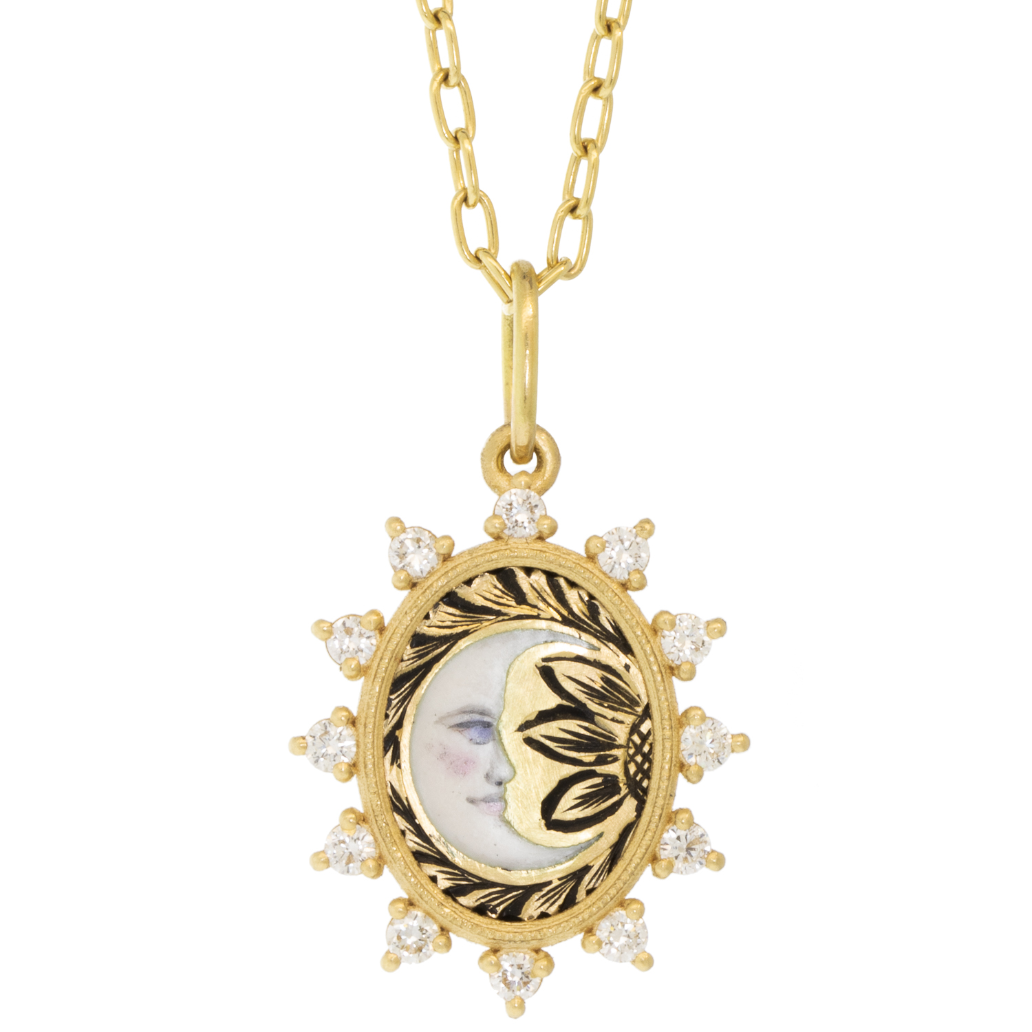 Erica Molinari Trunk Show:18k small oval Hand engraved Hand painted man in the moon set in spaced diamond frame - .42cts