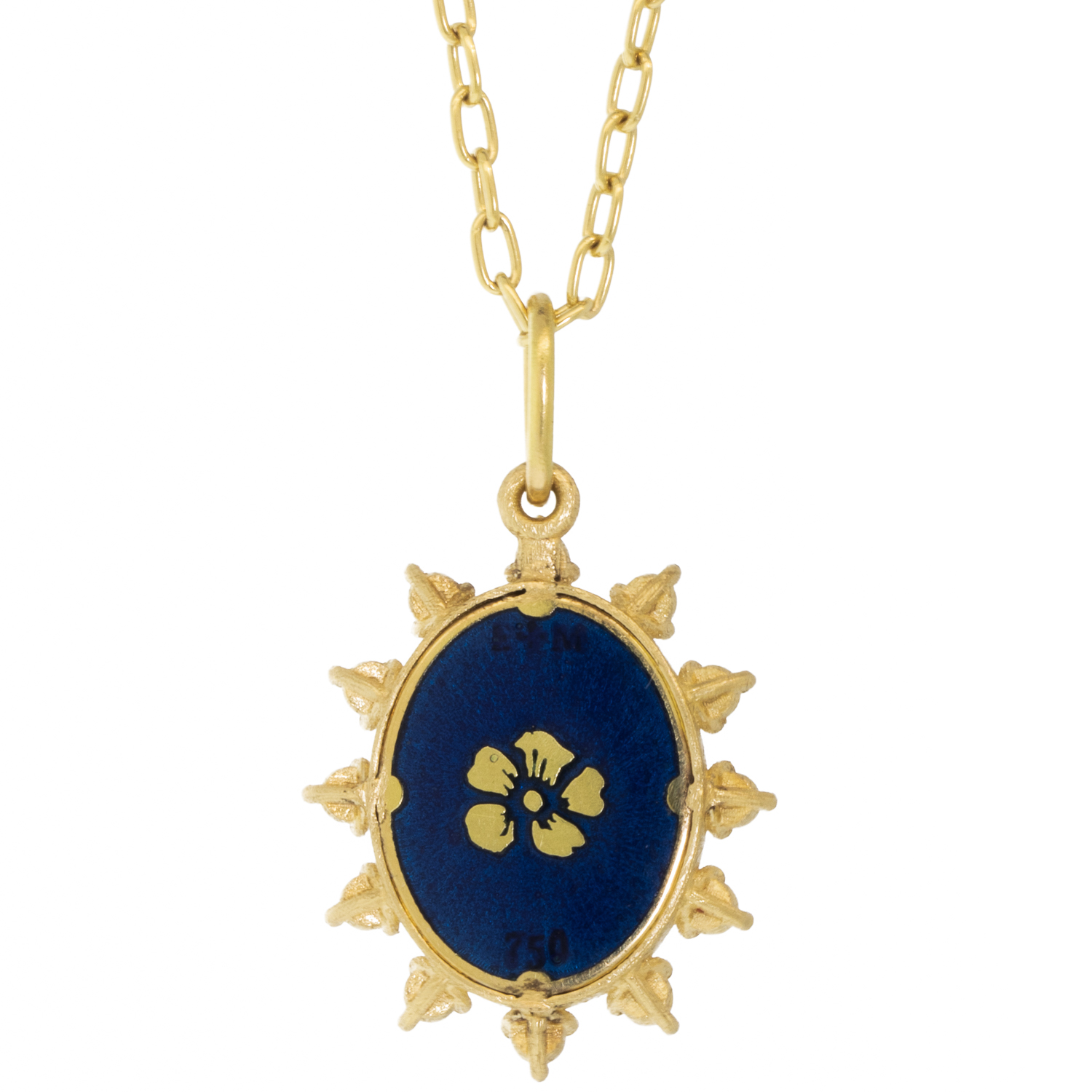 Erica Molinari Trunk Show:18k small oval Hand engraved Hand painted man in the moon set in spaced diamond frame - .42cts