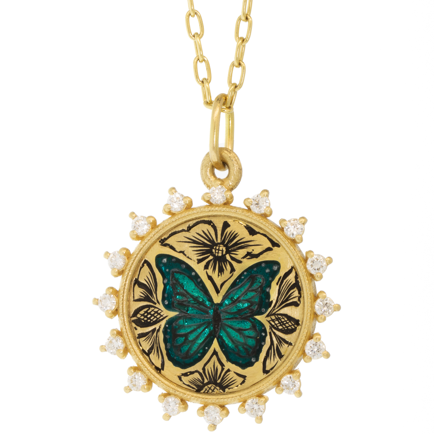Erica Molinari Trunk Show:18K LARGE foiled painted Vitreous glass enamel butterfly set in spaced diamond frame - .48cts "live, love, life"