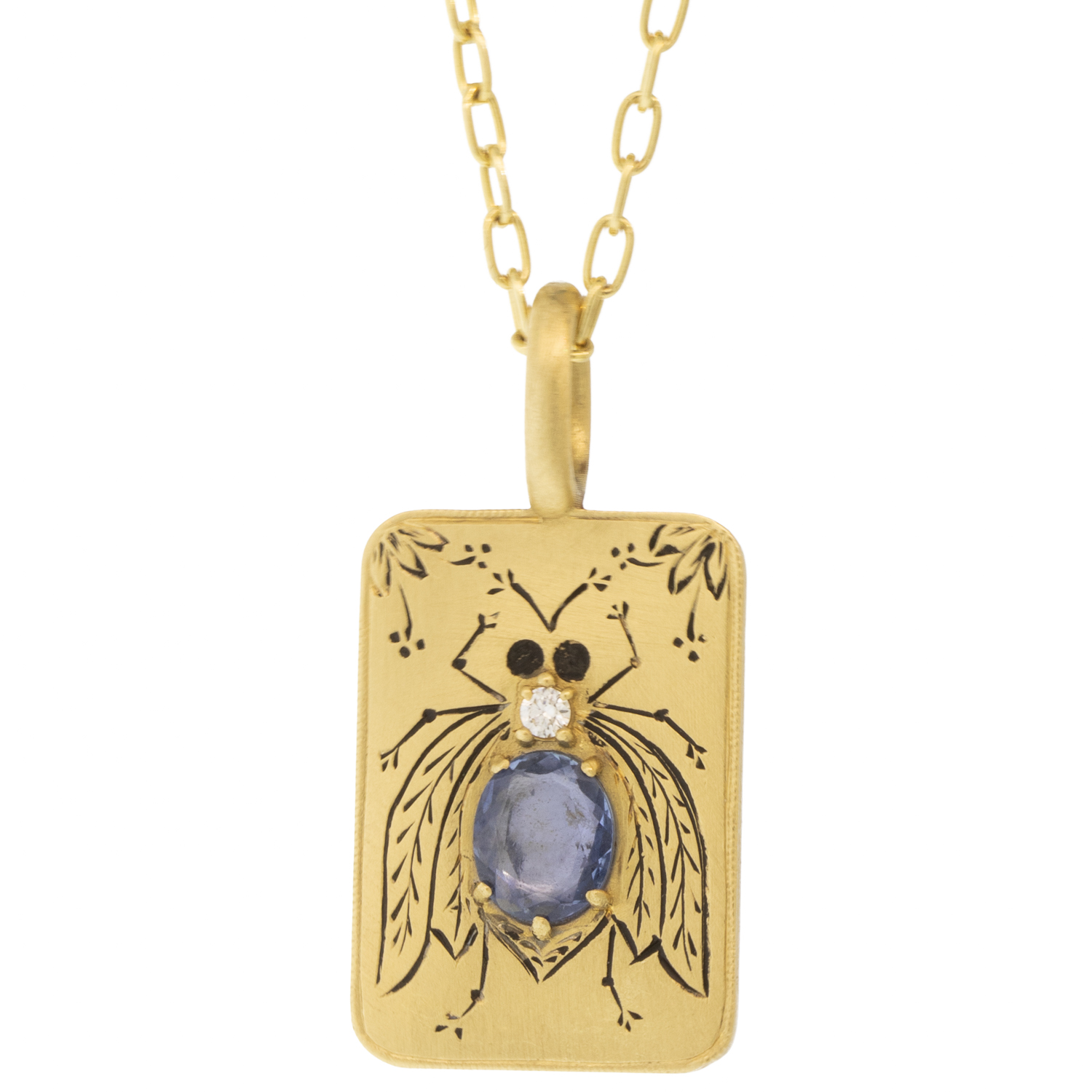 Erica Molinari Trunk show:18K / small squarish Blue sapphire Hand Engraved BUG charm "if not now, when?"