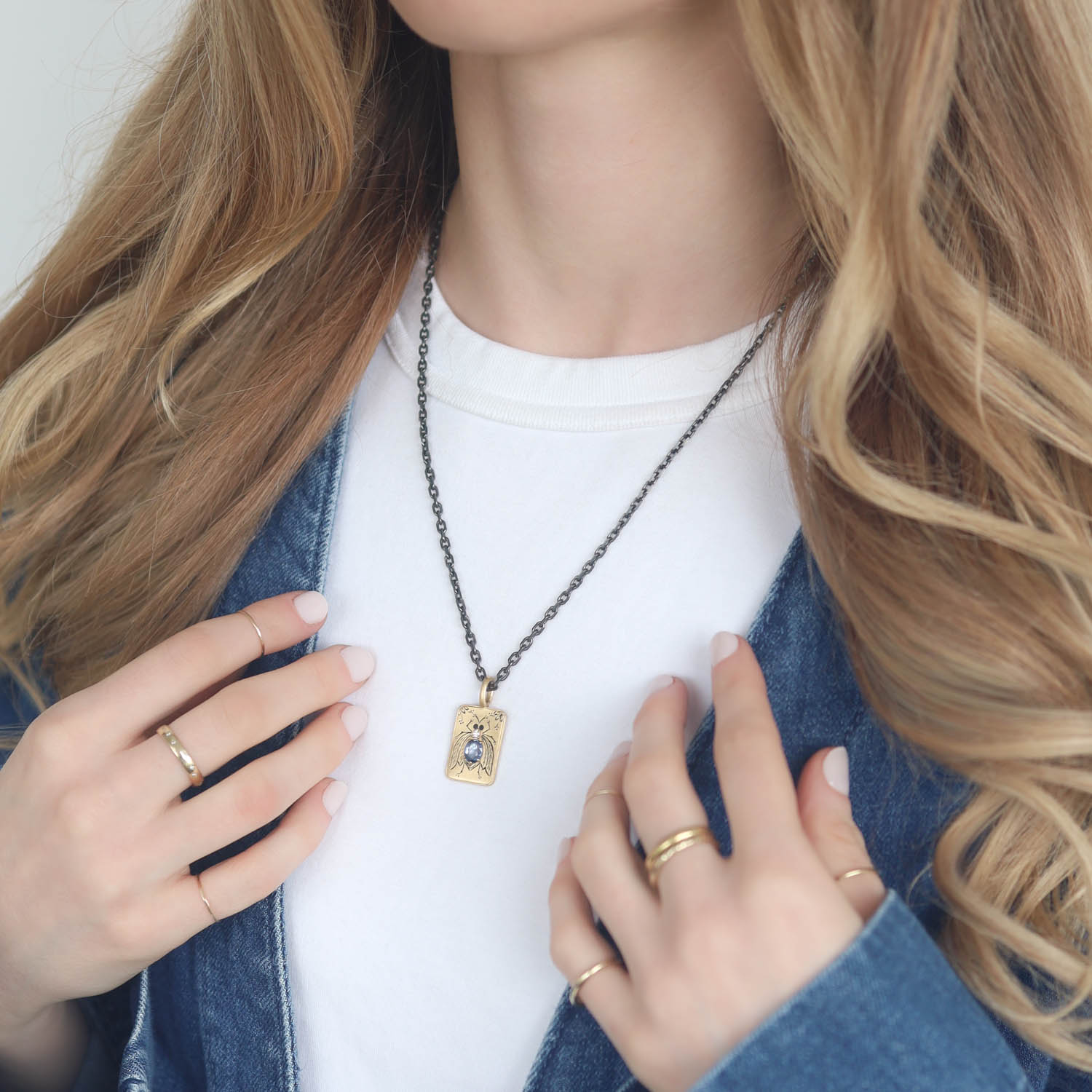 Erica Molinari Trunk show:18K / small squarish Blue sapphire Hand Engraved BUG charm "if not now, when?"