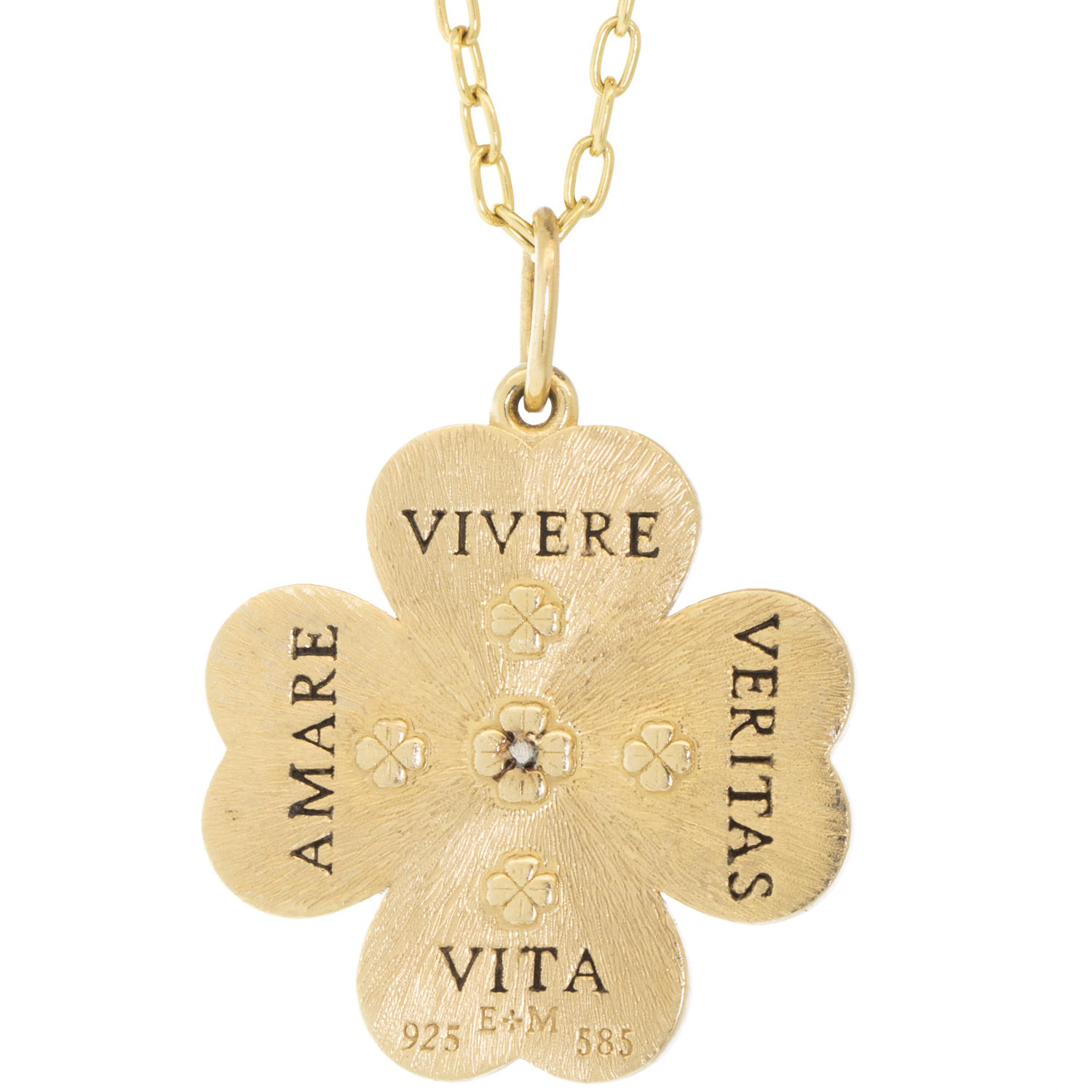 Erica Molinari Trunk show:14K pave 4- leaf clover set with Emerald - To Live, Love , Life, Truth - 3.035cts