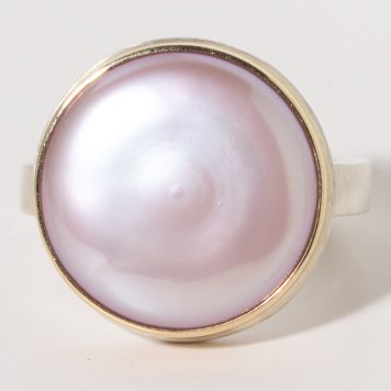 Jamie Joseph:Sterling & 14K Gold Ring w/ Round PINK COIN PEARL on X Band Sz. 6.75
