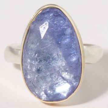 Jamie Joseph:Sterling & 14K Gold Ring w/Asymmetrical Faceted TANZANITE on Middle Groovy Band, SZ 7.25