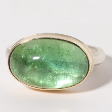 Jamie Joseph:Sterling & 14K Gold Ring w/ Oval Smooth GREEN TOURMALINE on Middle Organic Band, SZ 7.25