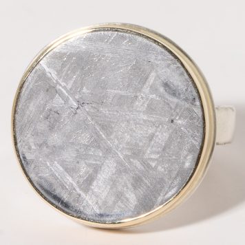 Jamie Joseph:Sterling & 14K Gold Ring w/ Round Scrimshaw METEORITE on Middle Bark Band Sz. 7.75