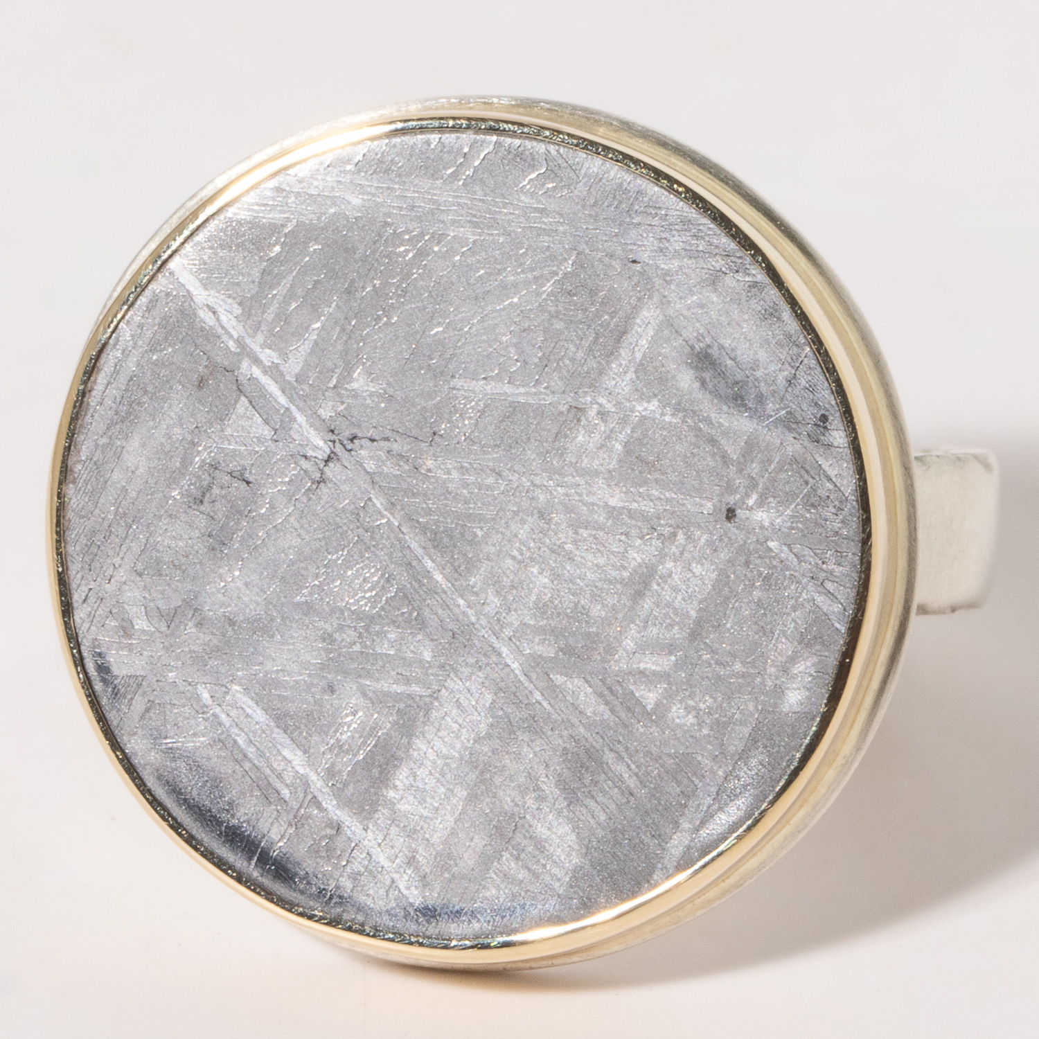 Jamie Joseph:Sterling & 14K Gold Ring w/ Round Scrimshaw METEORITE on Middle Bark Band Sz. 7.75