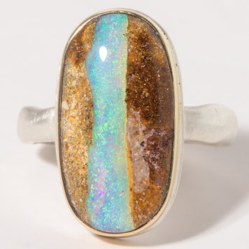 Jamie Joseph:Sterling & 14K Gold Ring w/ Oval OPALIZED WOOD on Middle Groovy Band, SZ 7.25