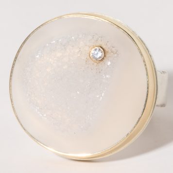Jamie Joseph:Sterling & 14K Gold Ring w/ Round WHITE DRUSY-BALI and .03 Pt Diamond on Wide Bark Band, SZ 7.5