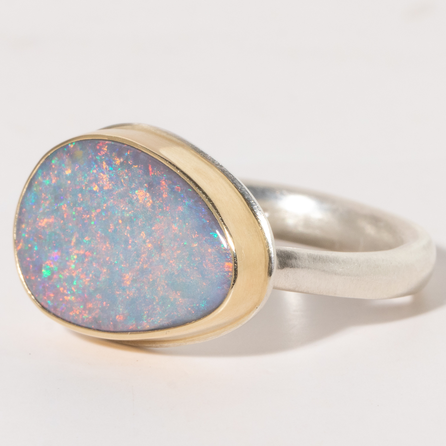 Jamie Joseph:Sterling & 14K Gold Ring w/Asymmetrical AUSTRALIAN OPAL on Egyptian Band Sz. 7.25