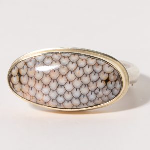 Jamie Joseph: Sterling & 14K Gold Ring w/ Oval SNAKESKIN AGATE on Egyptian Band Sz. 6.75