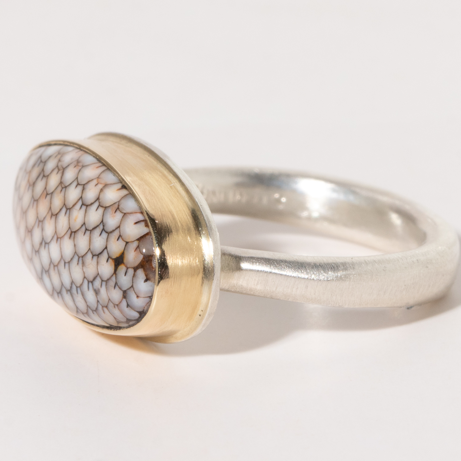 Jamie Joseph: Sterling & 14K Gold Ring w/ Oval SNAKESKIN AGATE on Egyptian Band Sz. 6.75