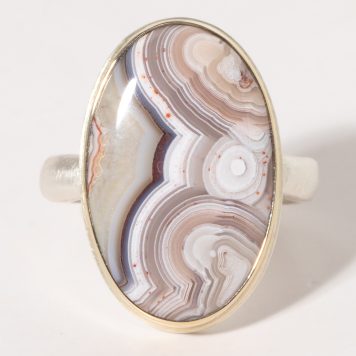 Jamie Joseph:Sterling & 14K Gold Ring w/ Vertical Oval CRAZY LACEAGATE on Middle Groovy Band, SZ 7.25