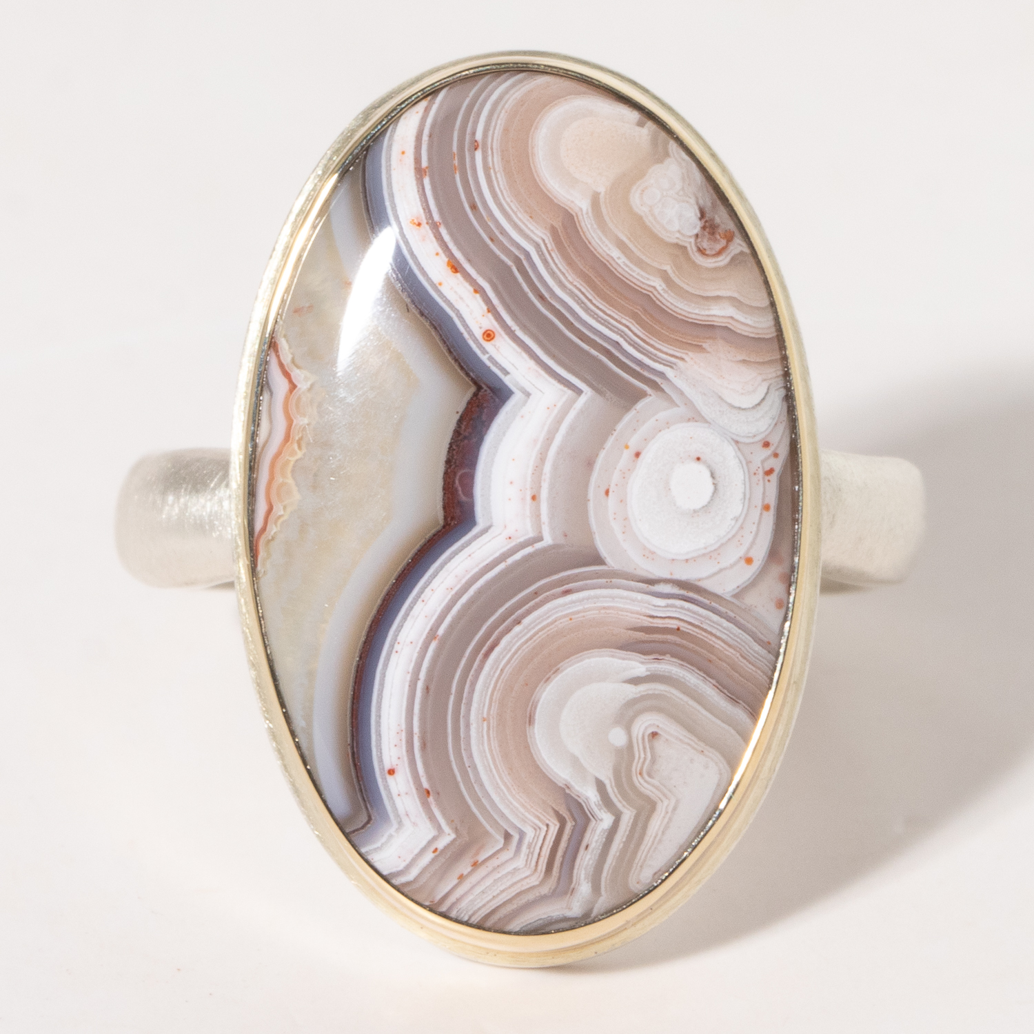 Jamie Joseph:Sterling & 14K Gold Ring w/ Vertical Oval CRAZY LACEAGATE on Middle Groovy Band, SZ 7.25