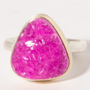 Jamie Joseph:Sterling & 14K Gold Ring w/Asymmetrical COBALT CALCITE DRUSY on Middle Organic Band, SZ 7