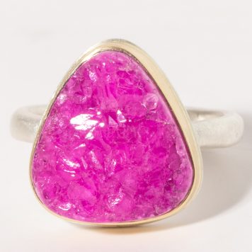 Jamie Joseph:Sterling & 14K Gold Ring w/Asymmetrical COBALT CALCITE DRUSY on Middle Organic Band, SZ 7