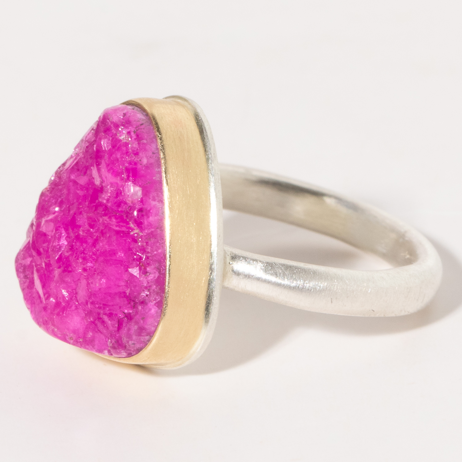Jamie Joseph:Sterling & 14K Gold Ring w/Asymmetrical COBALT CALCITE DRUSY on Middle Organic Band, SZ 7