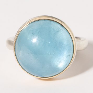 Jamie Joseph:Sterling & 14K Gold Ring w/ Round Smooth AQUAMARINE on Middle Organic Band Sz. 7.75
