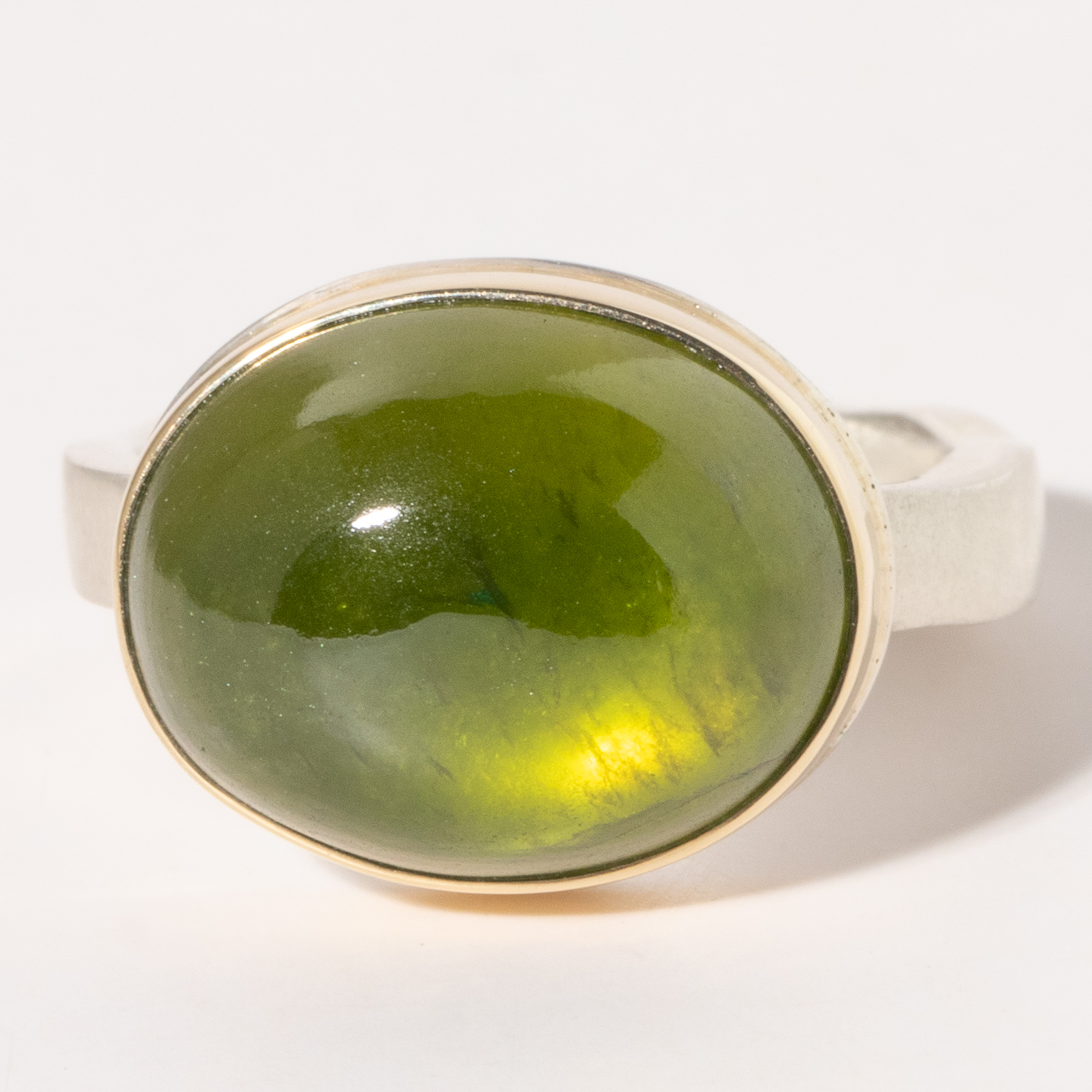 Jamie Joseph:Sterling & 14K Gold Ring w/ Smooth Oval VESSONITE on Soft Live Edge Band Sz. 8