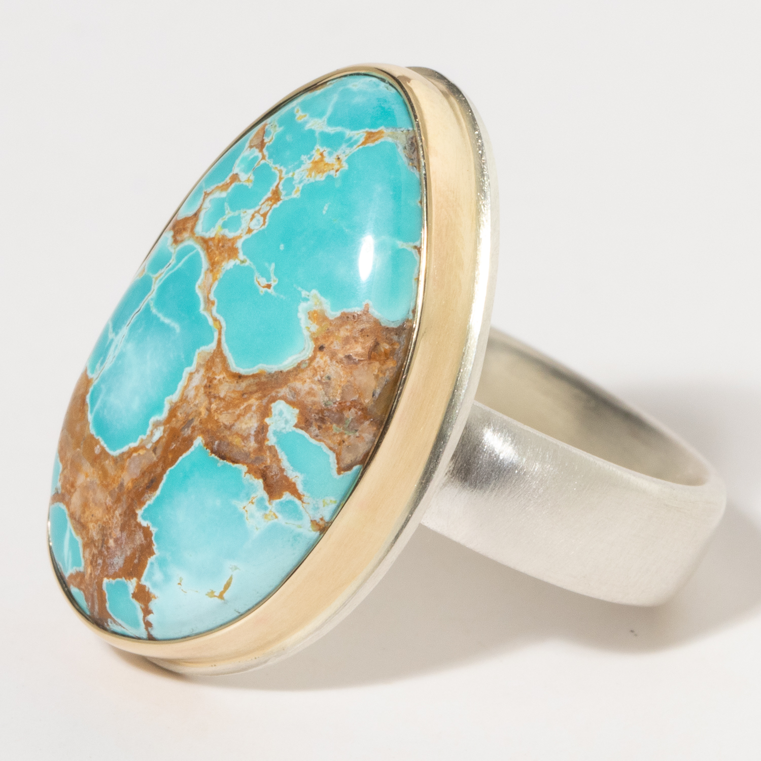 Jamie Joseph:Sterling & 14K Gold Ring w/ Vertical Asymmetrical ROYSTON TURQUOISE on Comfort Band