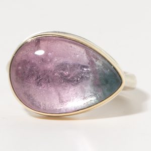 Jamie Joseph:Sterling & 14K Gold Ring w/ Smooth Teardrop BI-COLORED LAVENDER & TEAL TOURMALINE on Egyptian Band
