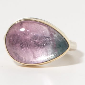 Jamie Joseph:Sterling & 14K Gold Ring w/ Smooth Teardrop BI-COLORED LAVENDER & TEAL TOURMALINE on Egyptian Band