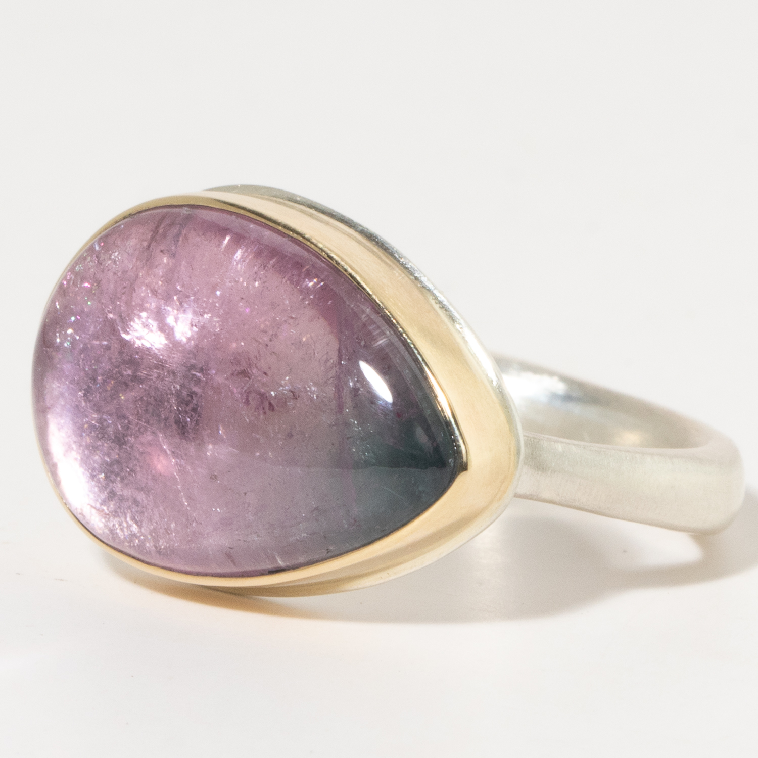 Jamie Joseph:Sterling & 14K Gold Ring w/ Smooth Teardrop BI-COLORED LAVENDER & TEAL TOURMALINE on Egyptian Band