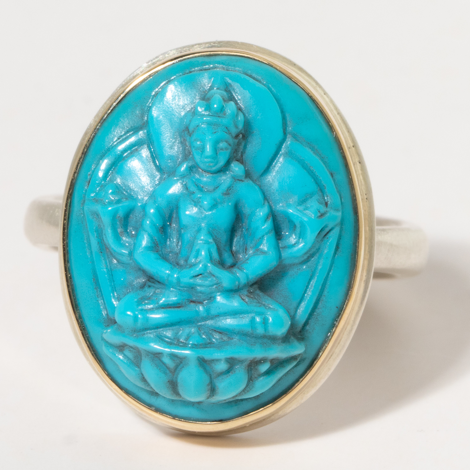 Jamie Joseph:Sterling & 14K Gold Ring w/ Carved Antique TURQUOISE Buddha on Egyptian Band