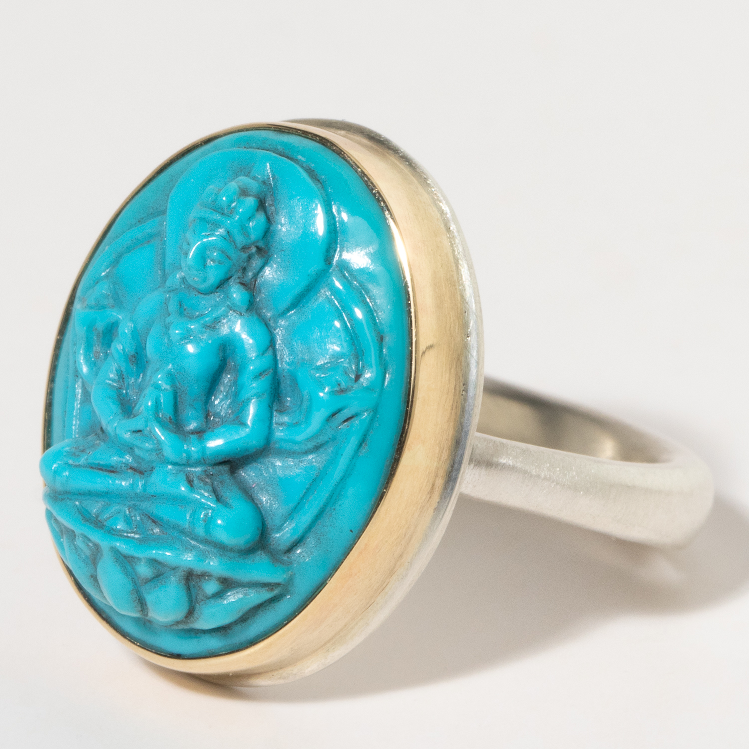 Jamie Joseph:Sterling & 14K Gold Ring w/ Carved Antique TURQUOISE Buddha on Egyptian Band