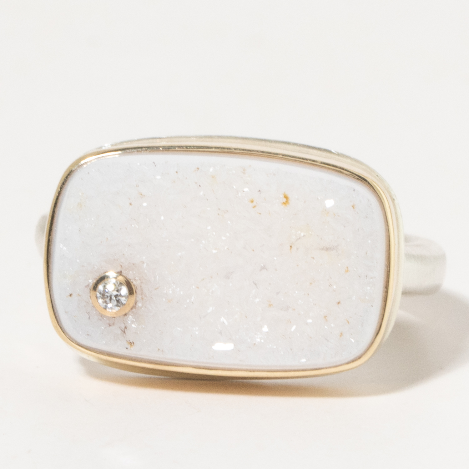 Jamie Joseph:Sterling & 14K Gold Ring w/ Rectangular BRAZILIAN WHITE DRUSY & .025 ct Diamond on Egyptian Band