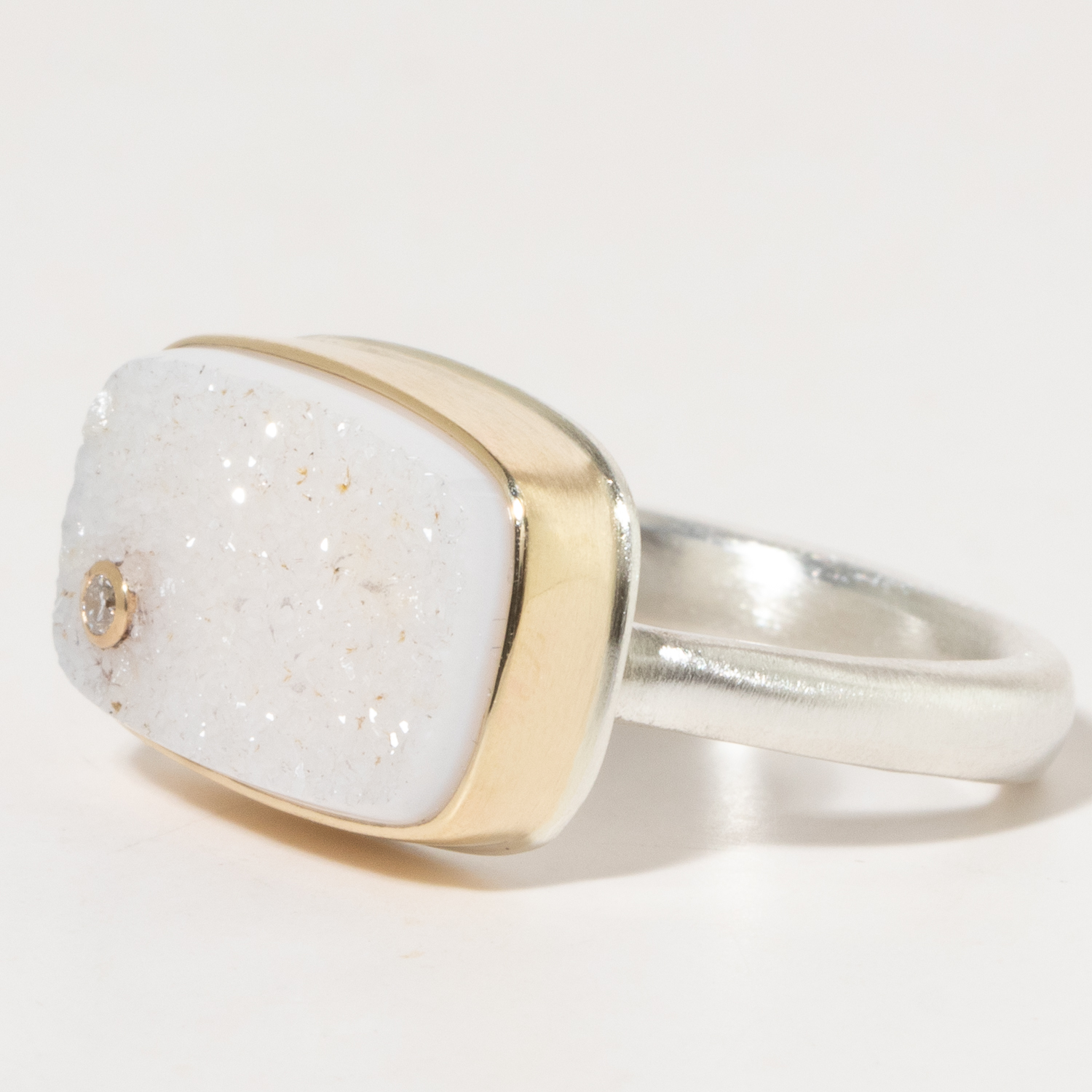 Jamie Joseph:Sterling & 14K Gold Ring w/ Rectangular BRAZILIAN WHITE DRUSY & .025 ct Diamond on Egyptian Band