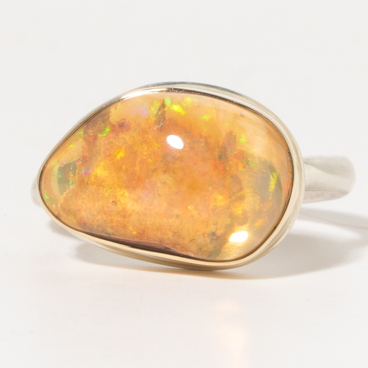 Jamie Joseph:Sterling & 14K Gold Ring w/Asymmetrical MEXICAN FIRE OPAL on Egyptian Band