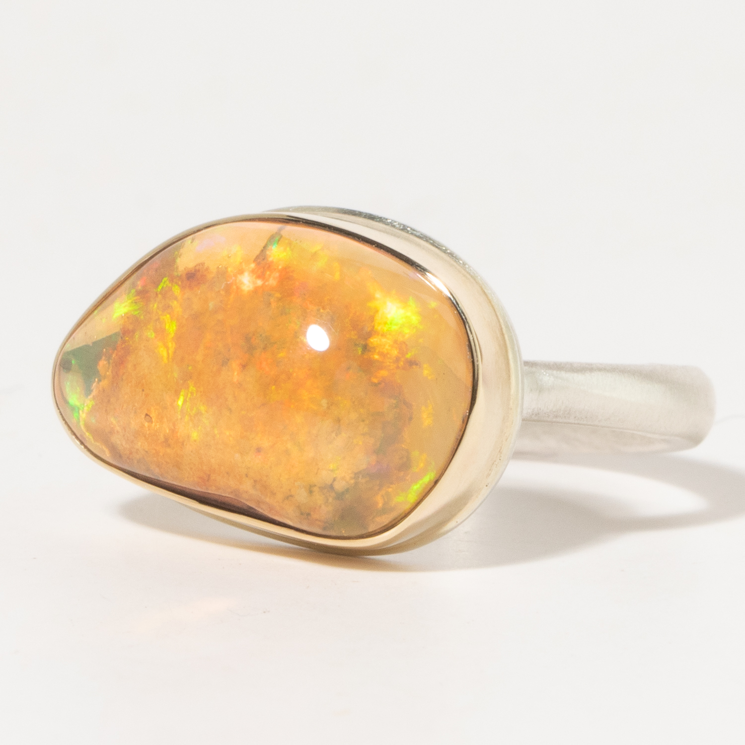 Jamie Joseph:Sterling & 14K Gold Ring w/Asymmetrical MEXICAN FIRE OPAL on Egyptian Band