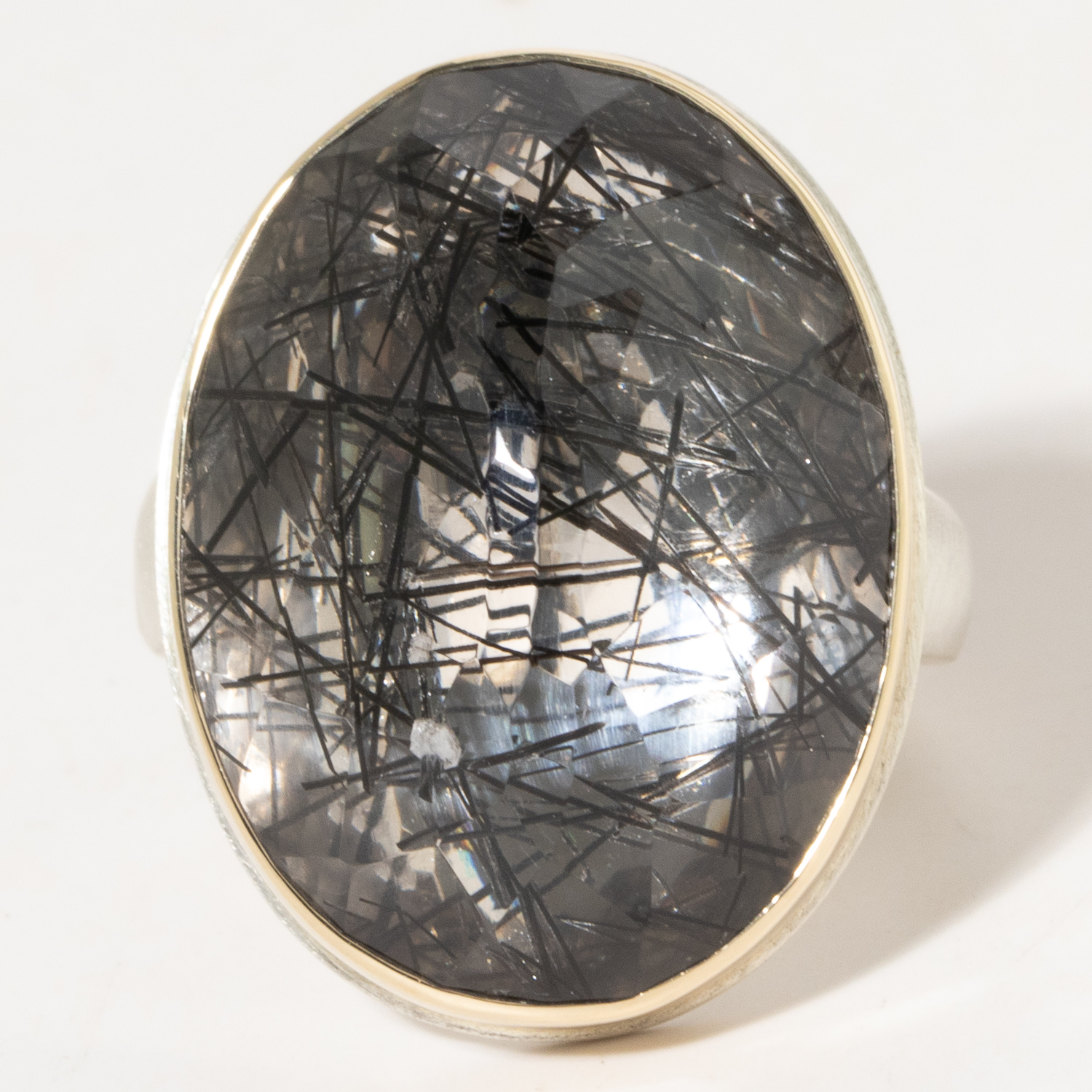 Jamie Joseph:Sterling & 14K Gold Ring w/Vertical Oval TOURMINLATED QUARTZ on Groovy Band