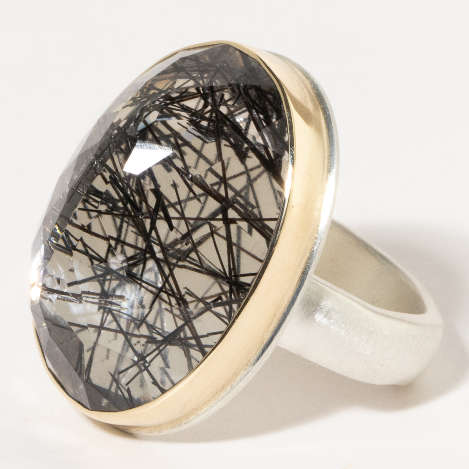 Jamie Joseph:Sterling & 14K Gold Ring w/Vertical Oval TOURMINLATED QUARTZ on Groovy Band