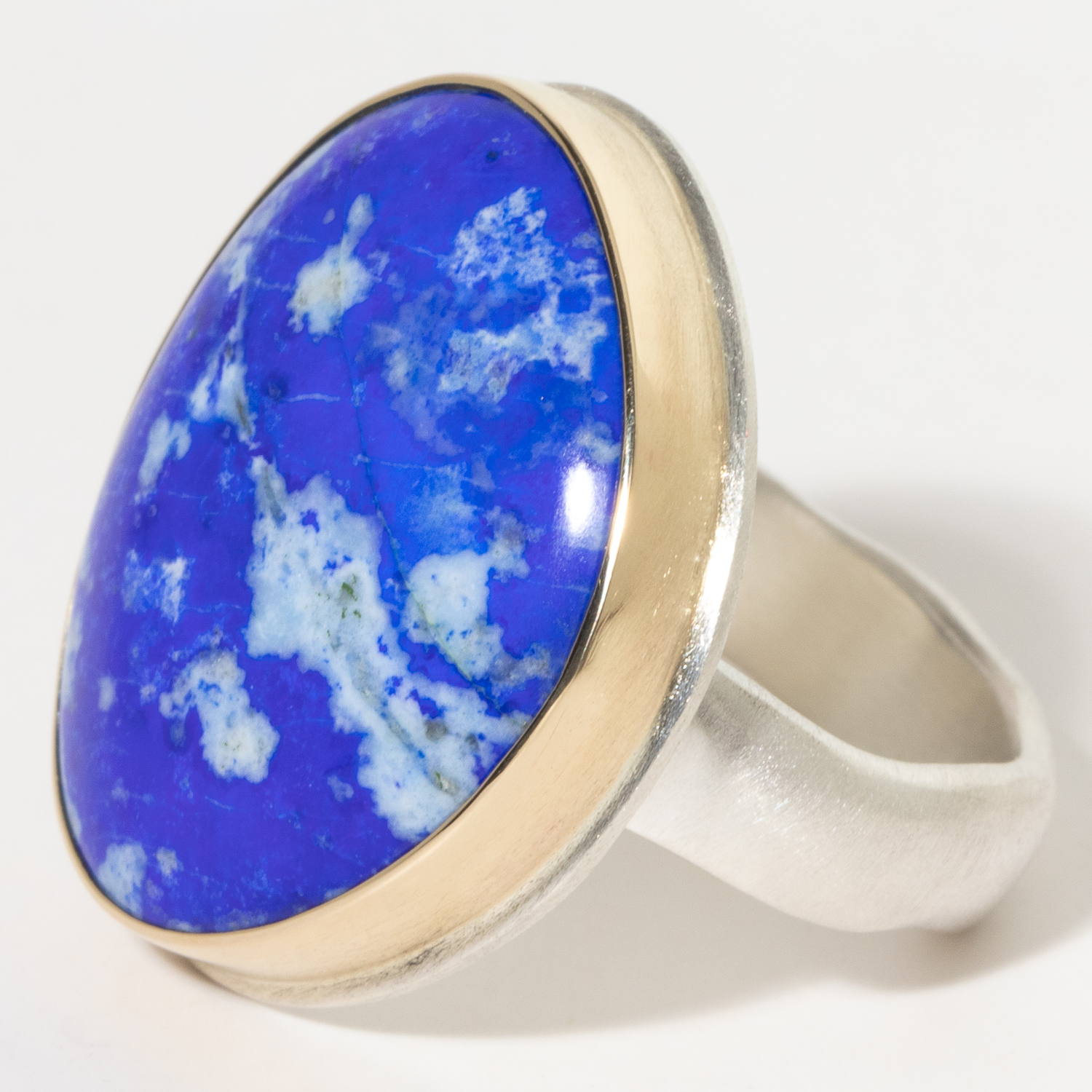 Jamie Joseph:Sterling & 14K Gold Ring w/ Asymmetrical Smooth LAPIS on Groovy Band