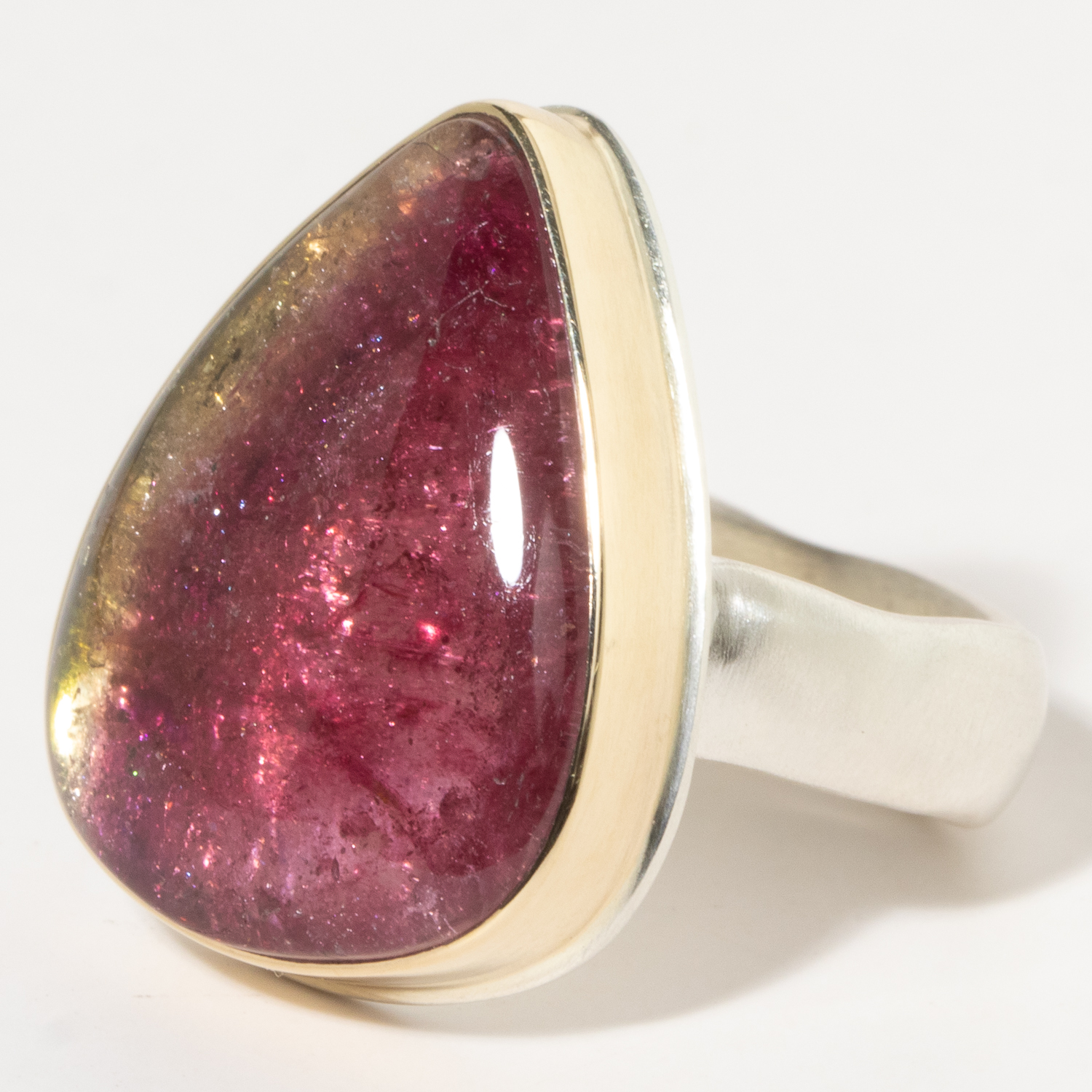 Jamie Joseph:Sterling & 14K Gold Ring w/ Vertical Tear Drop WATERMELON TOURMALINE on Groovy Band