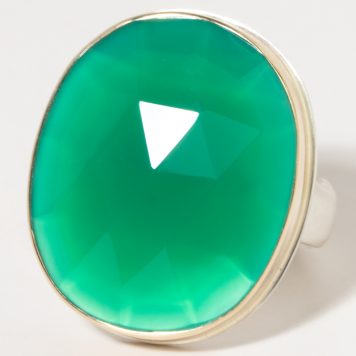 Jamie Joseph:Sterling & 14K Gold Ring w/ Vertical Oval Rose Cut GREEN ONYX on Groovy Band Size 8*