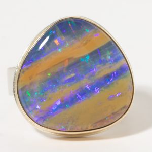 Jamie Joseph:Sterling & 14K Gold Ring w/ Asymmetrical BOULDER OPAL on Rough Hewn Band