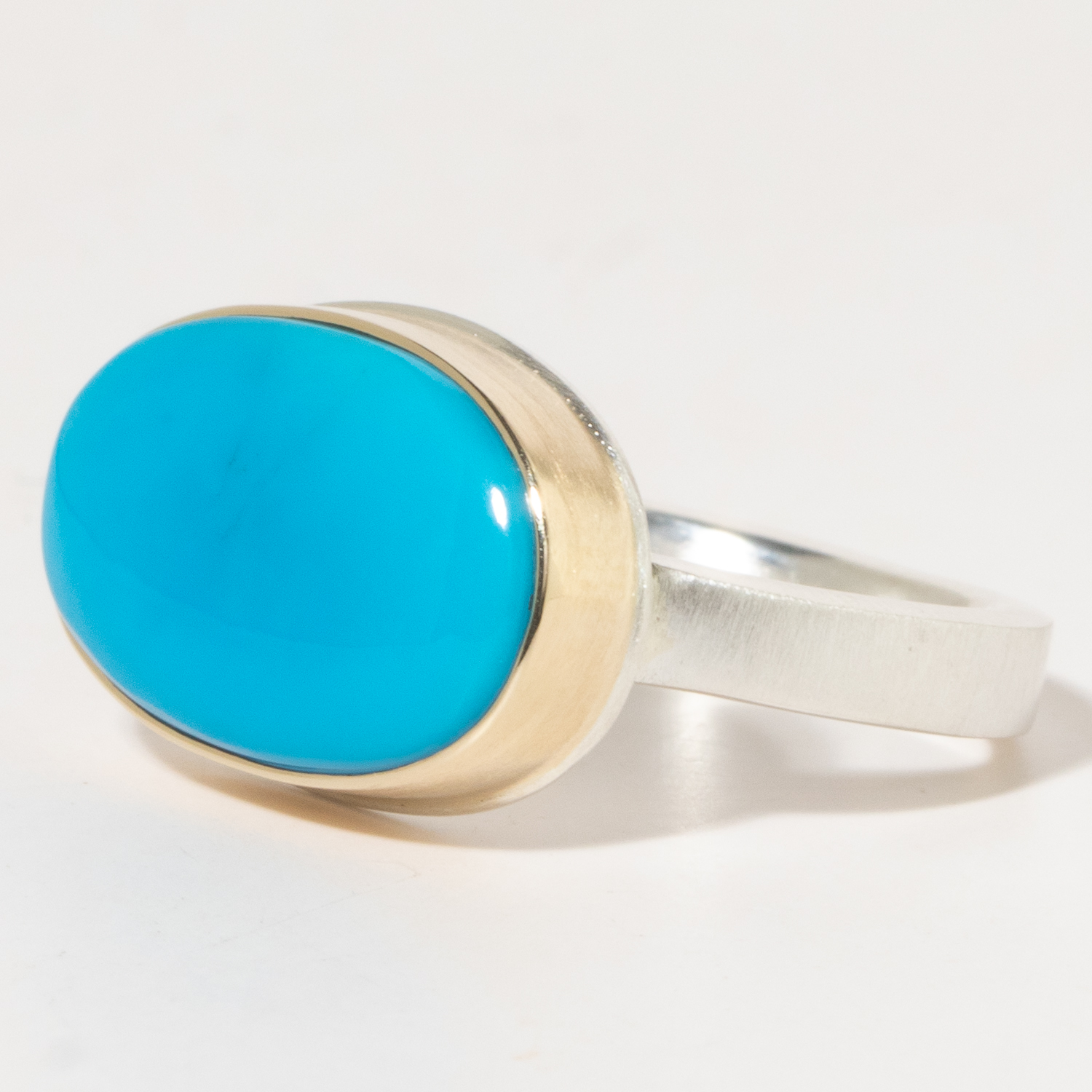 Jamie Joseph:Sterling & 14K Gold Ring w/ Smooth Oval Sleeping Beauty Turquoise on X Band