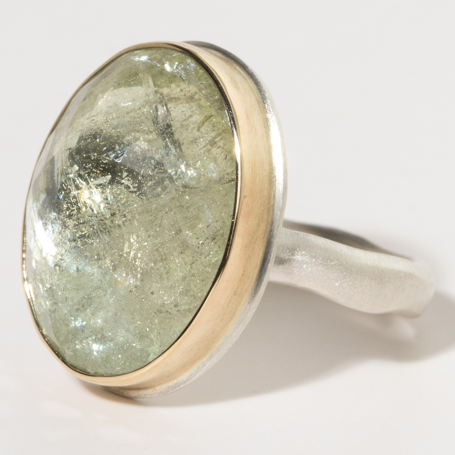 Jamie Joseph:Sterling & 14K Gold Ring w/ Vertical Oval Faceted GREEN BERYL on Y Band