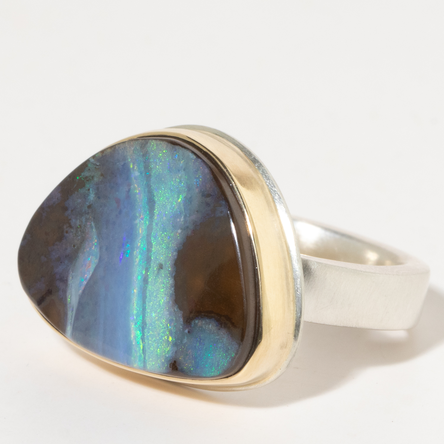 Jamie Joseph:Sterling & 14K Gold Ring w/Asymmetrical BOULDER OPAL on Y Band