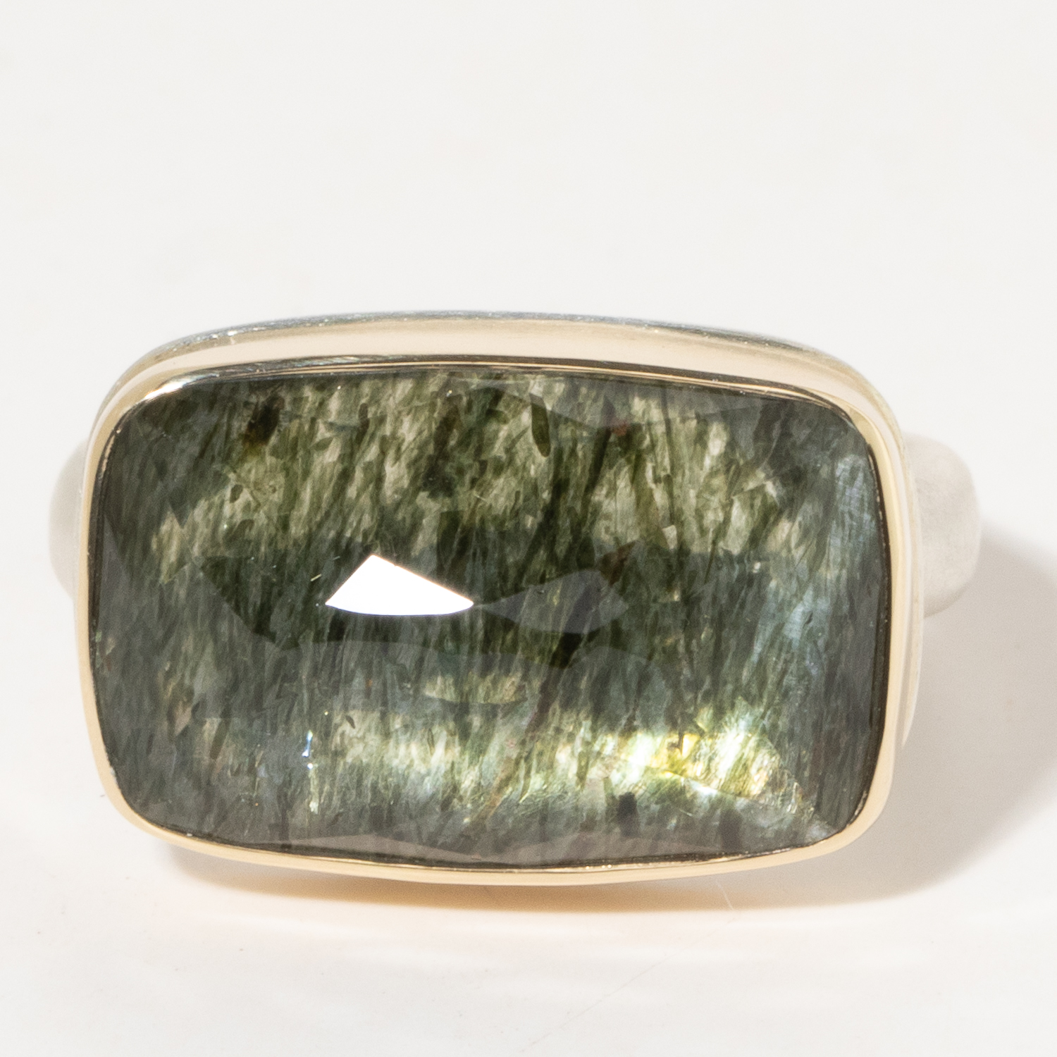 Jamie Joseph:Sterling & 14K Gold Ring w/ Inverted Rectangular GREEN RUTILATED QUARTZ on Middle Groovy Band