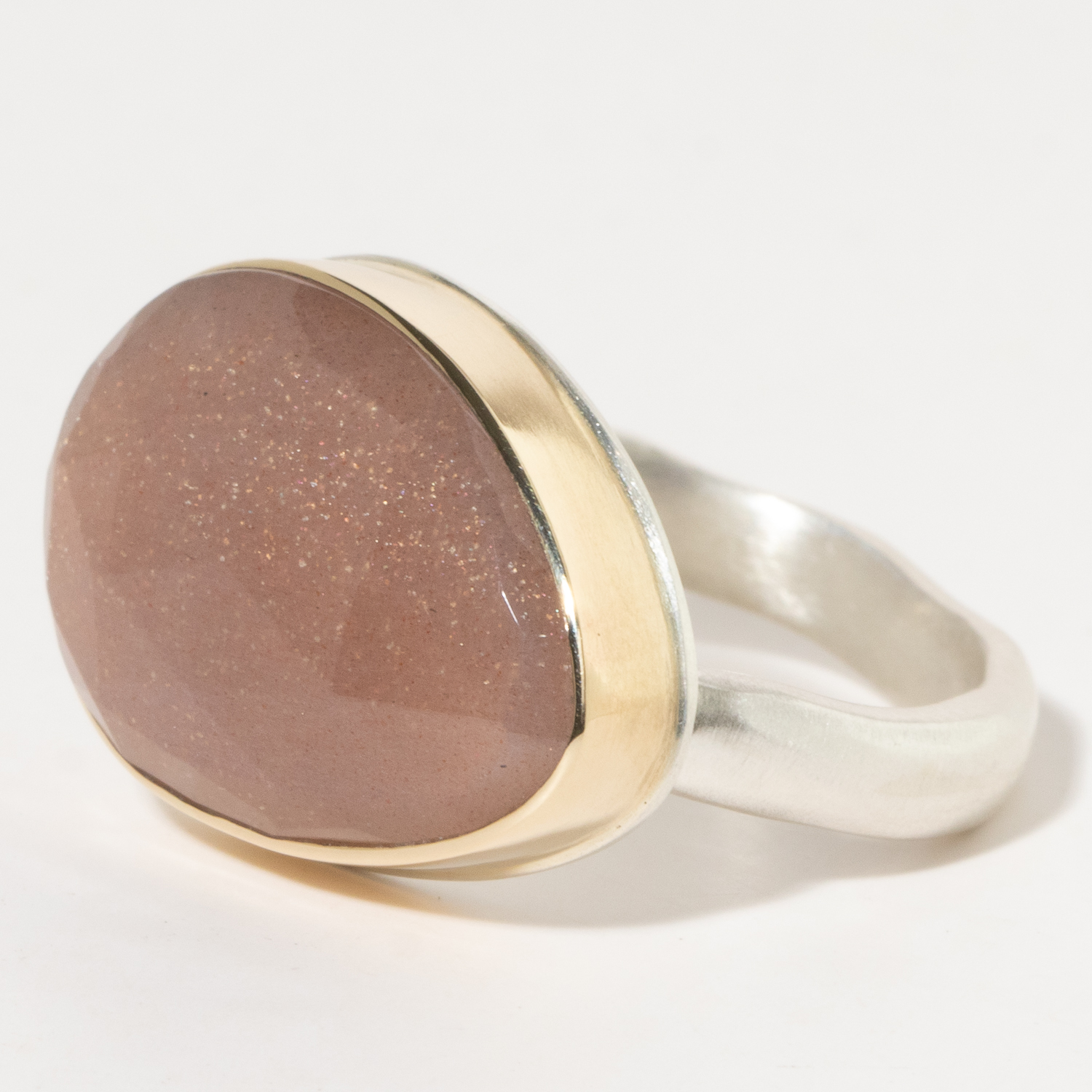 Jamie Joseph:Sterling & 14K Gold Ring w/Asymmetrical Rose Cut PEACH MOONSTONE on Middle Groovy Band