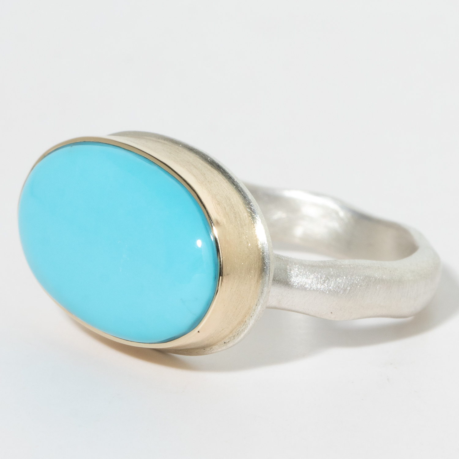 Jamie Joseph:Sterling & 14K Gold Ring w/ Oval Smooth SLEEPING BEAUTY TURQUOISE on Middle Groovy Band