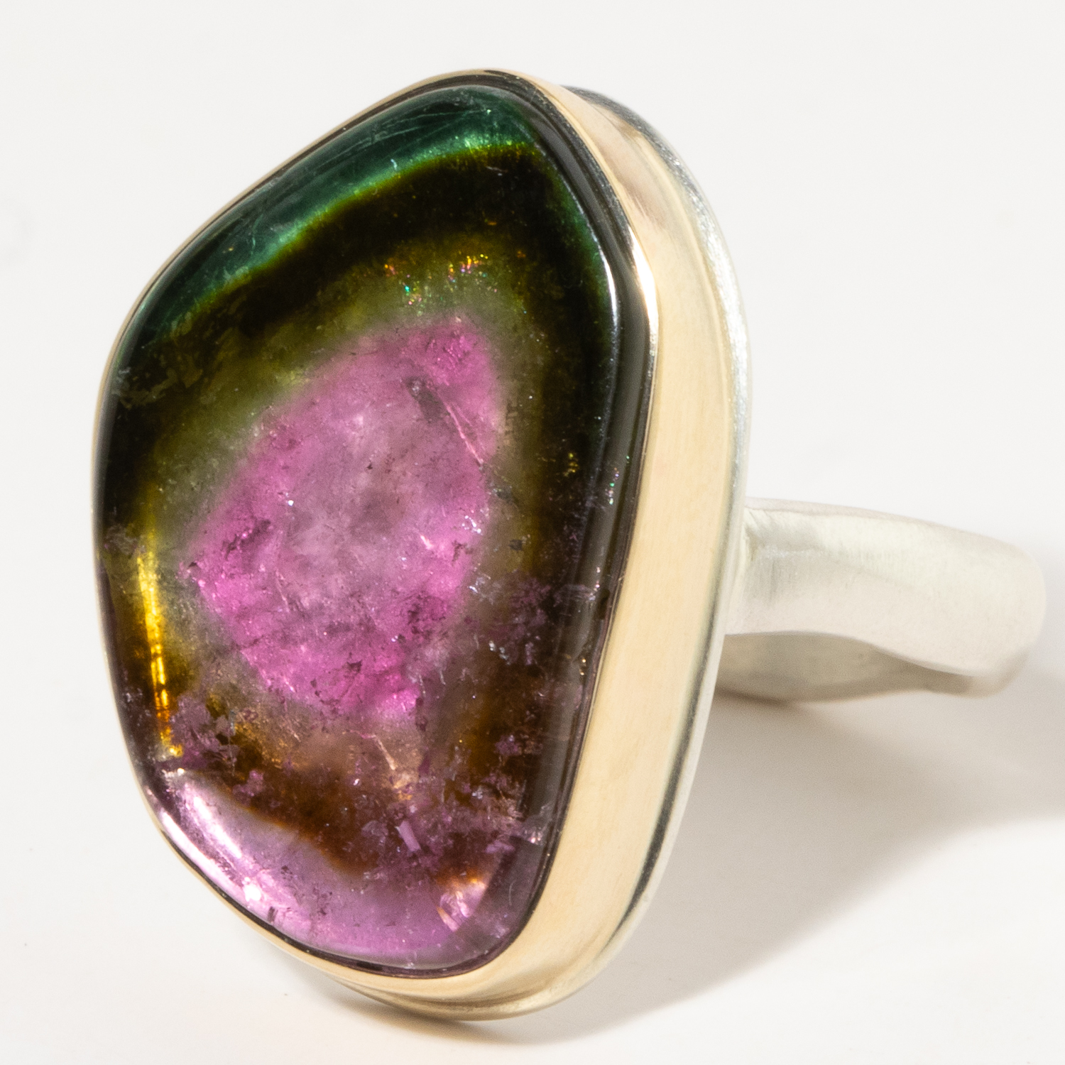 Jamie Joseph:Sterling & 14K Gold Ring w/ Vertical WATERMELON TOURMALINE Slice on Middle Groovy Band