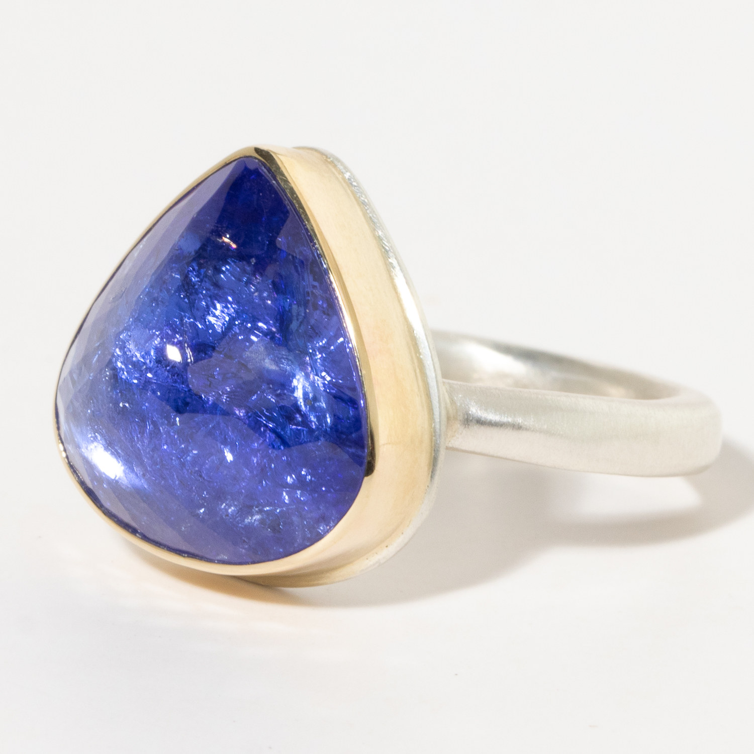 Jamie Joseph:Sterling & 14K Gold Ring w/ Asymmetrical Inverted TANZANITE on Middle Organic Band