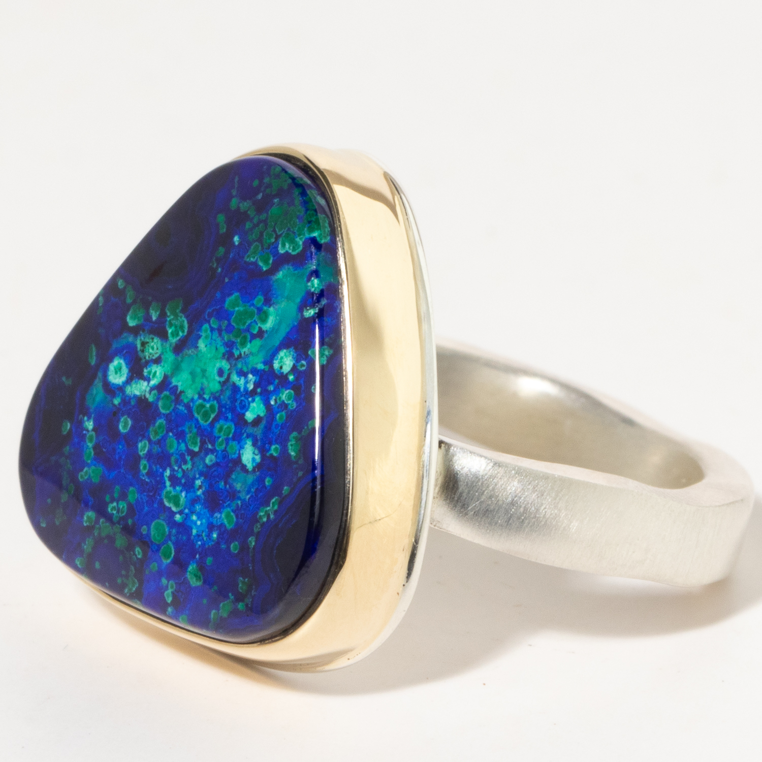 Jamie Joseph:Sterling & 14K Gold Ring w/Asymmetrical Vertical AZURITE, MALACHITE, & CHRYSOCOLLAon Soft Live Edge Band