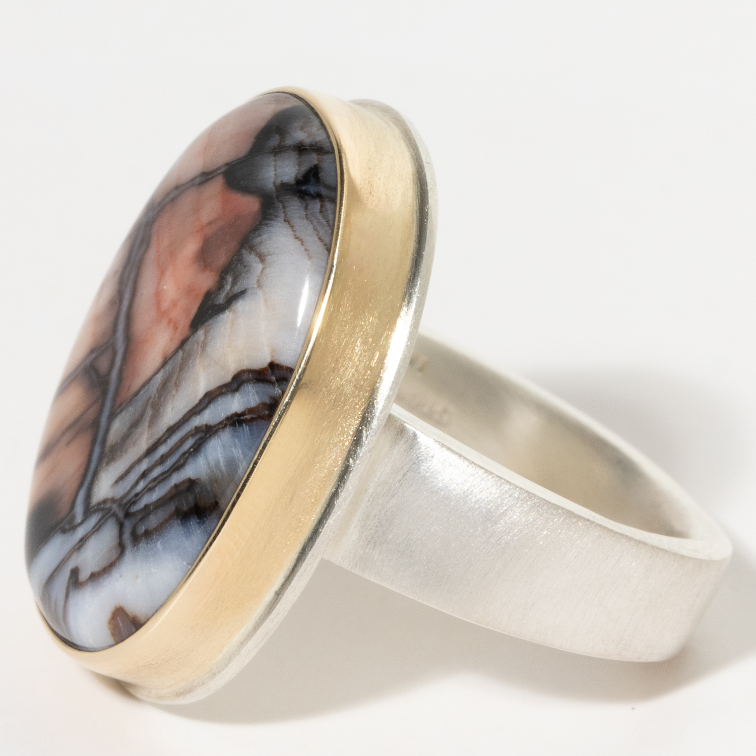 Jamie Joseph:Sterling & 14K Gold Ring w/ Oval Vertical FOSSILIZED CHANNEL WOOD on Taper Y Band